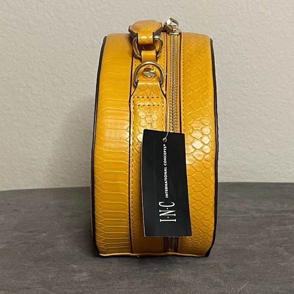 INC International Concepts Yellow Leather Round Box Purse with Adjustable Strap - Picture 2 of 9